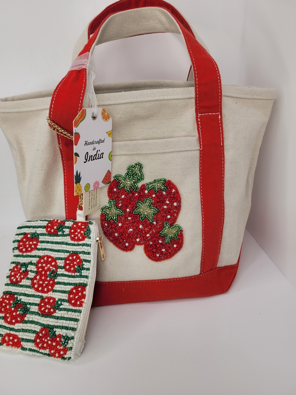 👉✨️ Made In India Canvas Tomato Beaded Tote Bag with Coin Pouch - Red & Cream